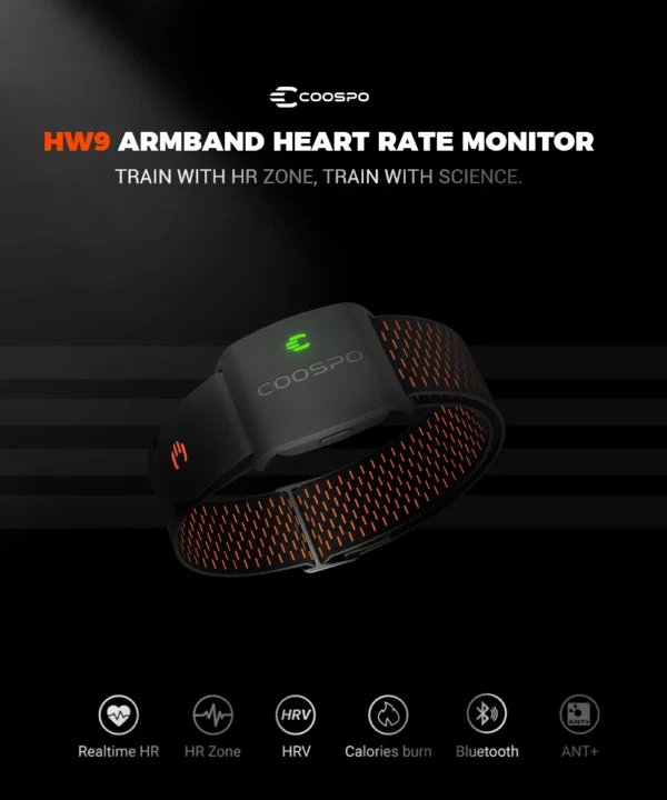 COOSPO HW9 Armband Heart Rate Monitor – HR Zones & Calories for Cycling Fitness Peloton Zwift Wahoo